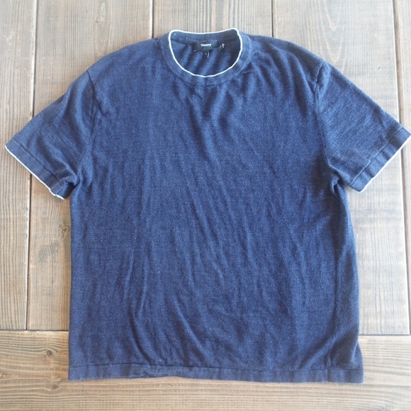 Theory Sarior Tee Mens Large Blue Cotton Linen Basic Crew Neck Knit Tee Minimal - Picture 2 of 10